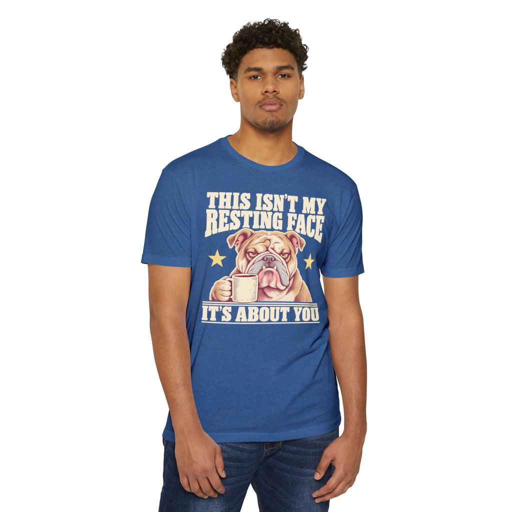 Unisex light blue T-shirt with grumpy bulldog coffee mug graphic and text, front view