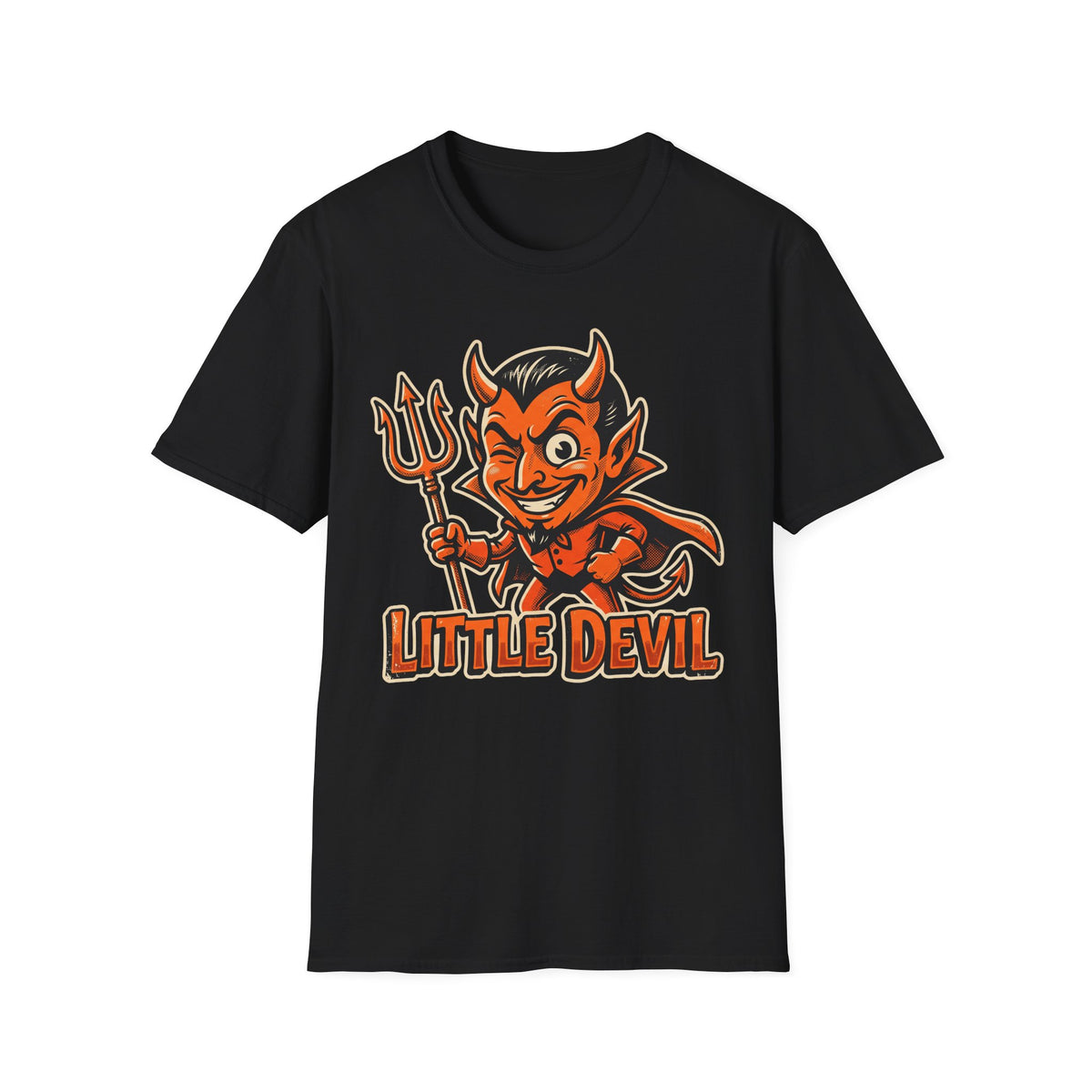 Black crewneck T-shirt with Little Devil devil character holding trident graphic