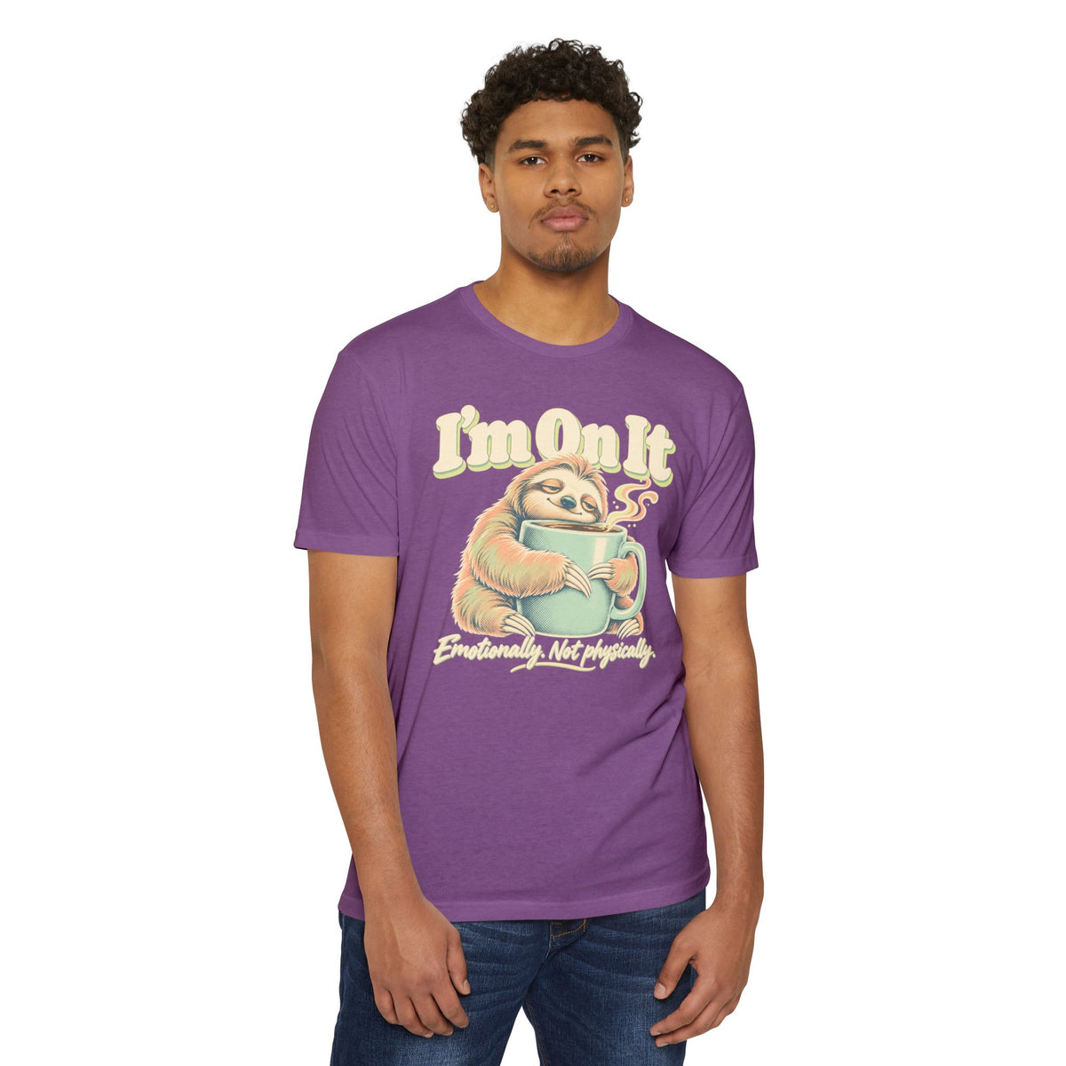 Purple crewneck T-shirt with sloth coffee graphic and 'I'm on it' text