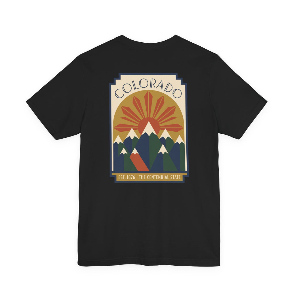 Black T-shirt with Colorado sunset mountain graphic front print