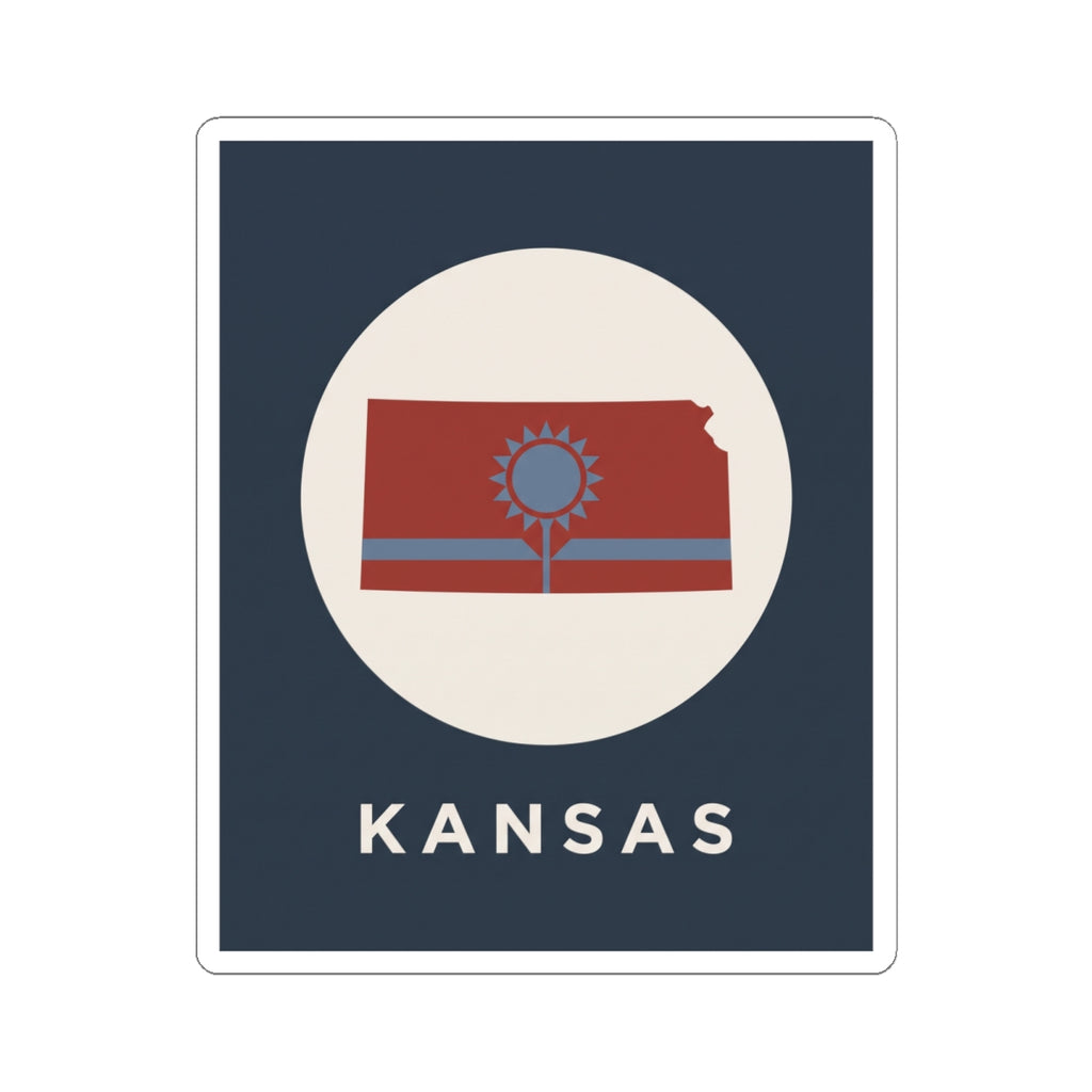 Kansas state map sunflower sticker, blue background, “KANSAS” lettering under circular emblem