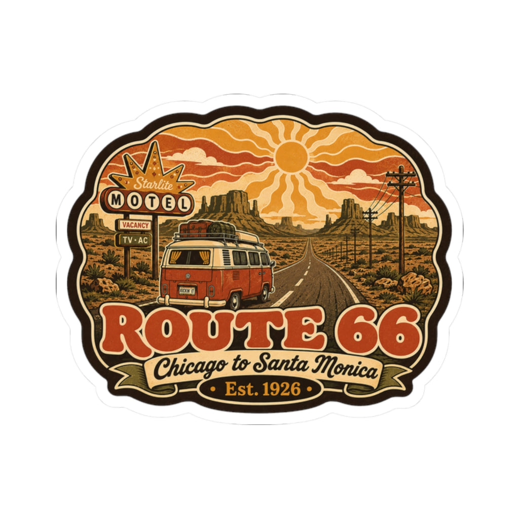 Route 66 sticker with orange desert sunset, red van, and bold Route 66 lettering