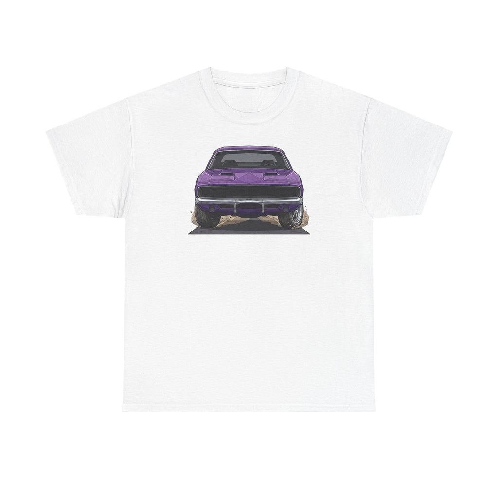 White T-shirt with purple retro muscle car graphic on the front