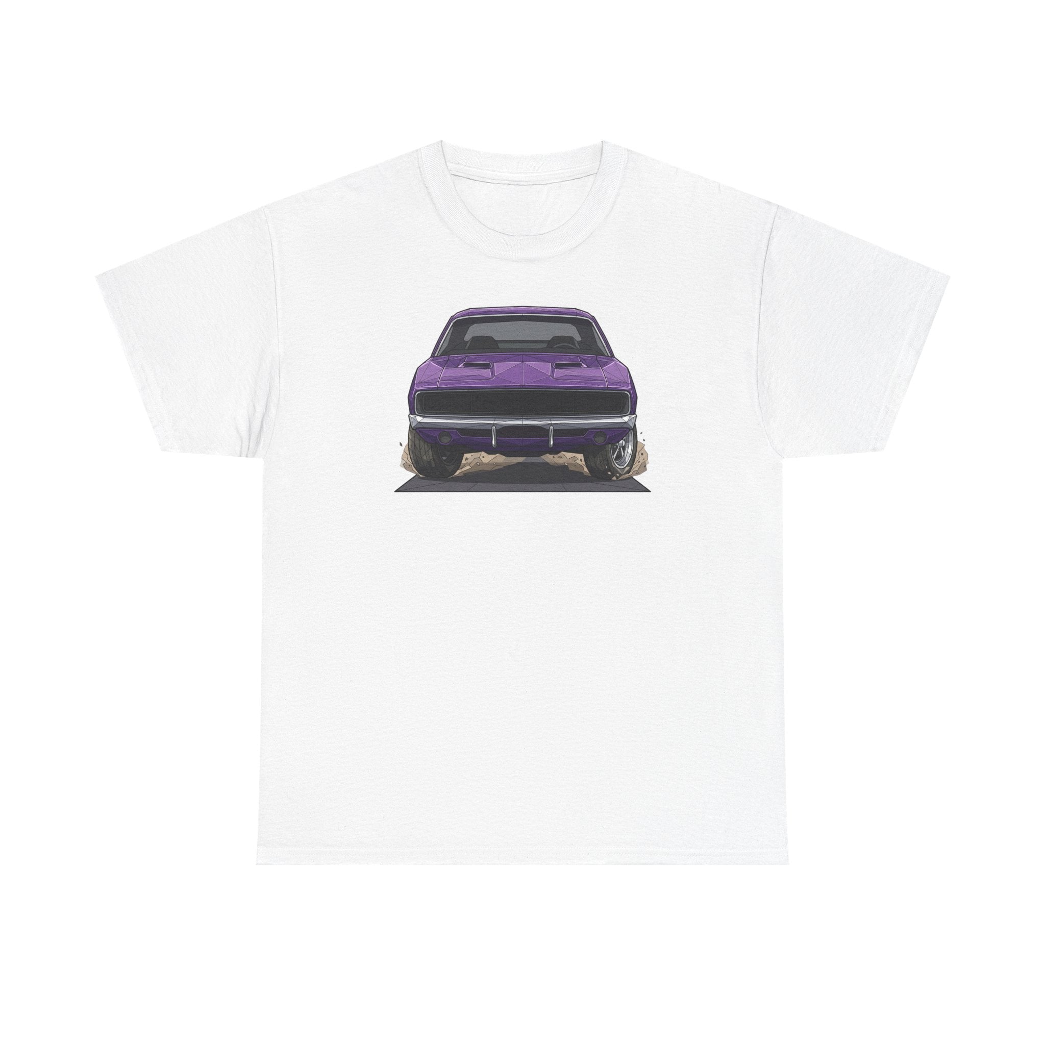 White T-shirt with purple retro muscle car graphic on the front