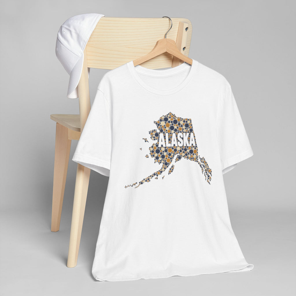 White crew-neck T-shirt with dotted Alaska state graphic on the front