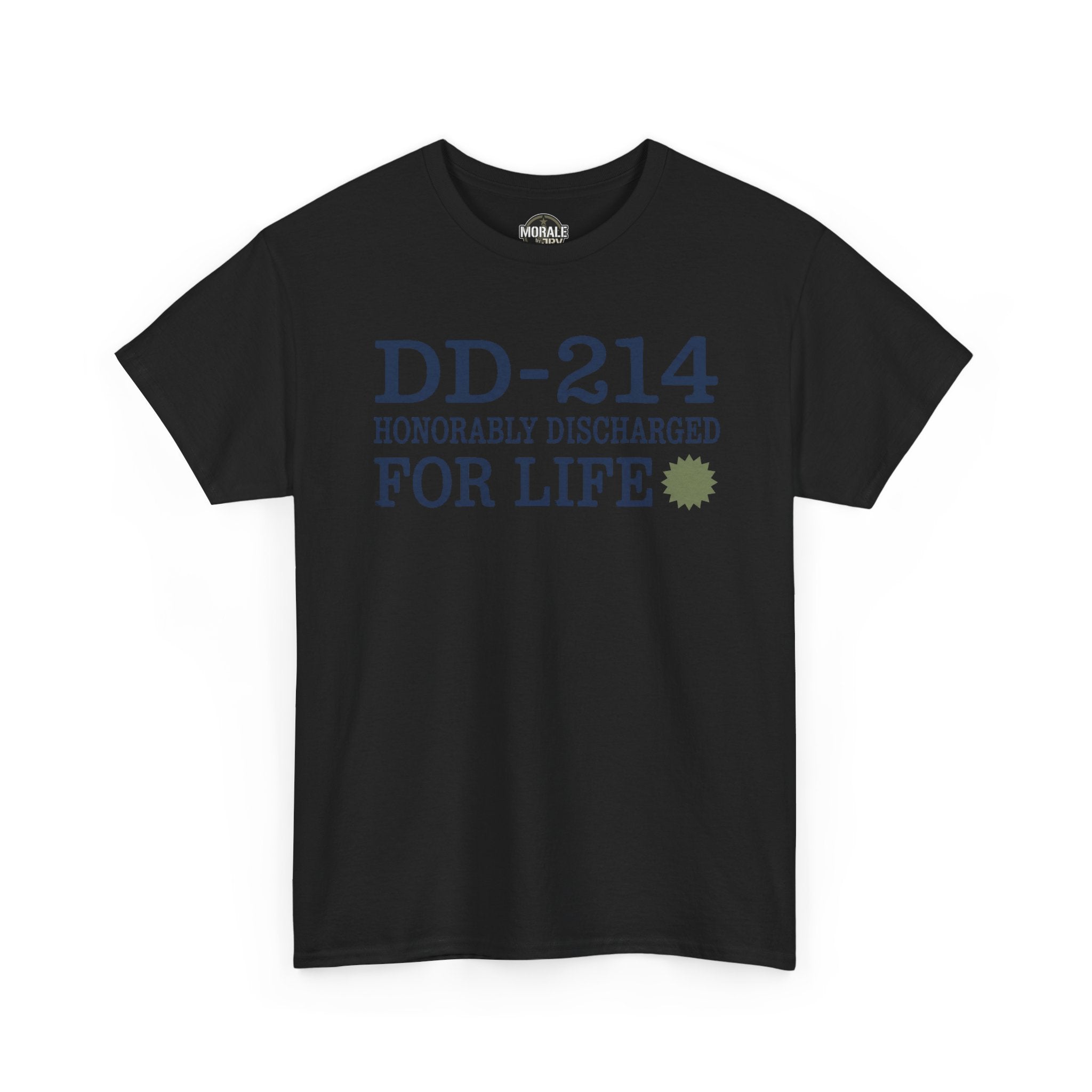 Black T-shirt front with 'DD-214 Honorably Discharged For Life' graphic.
