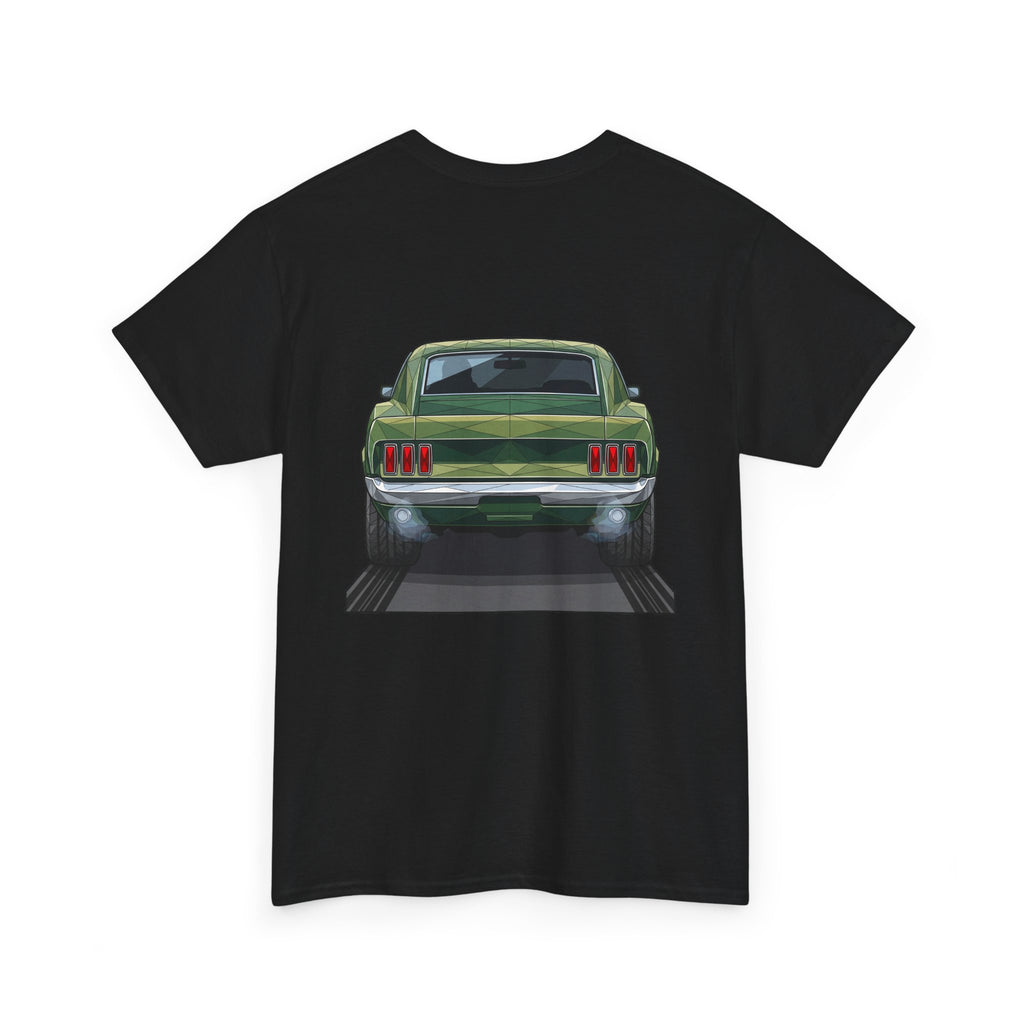 Black muscle car graphic T-shirt with front view illustration centered on back