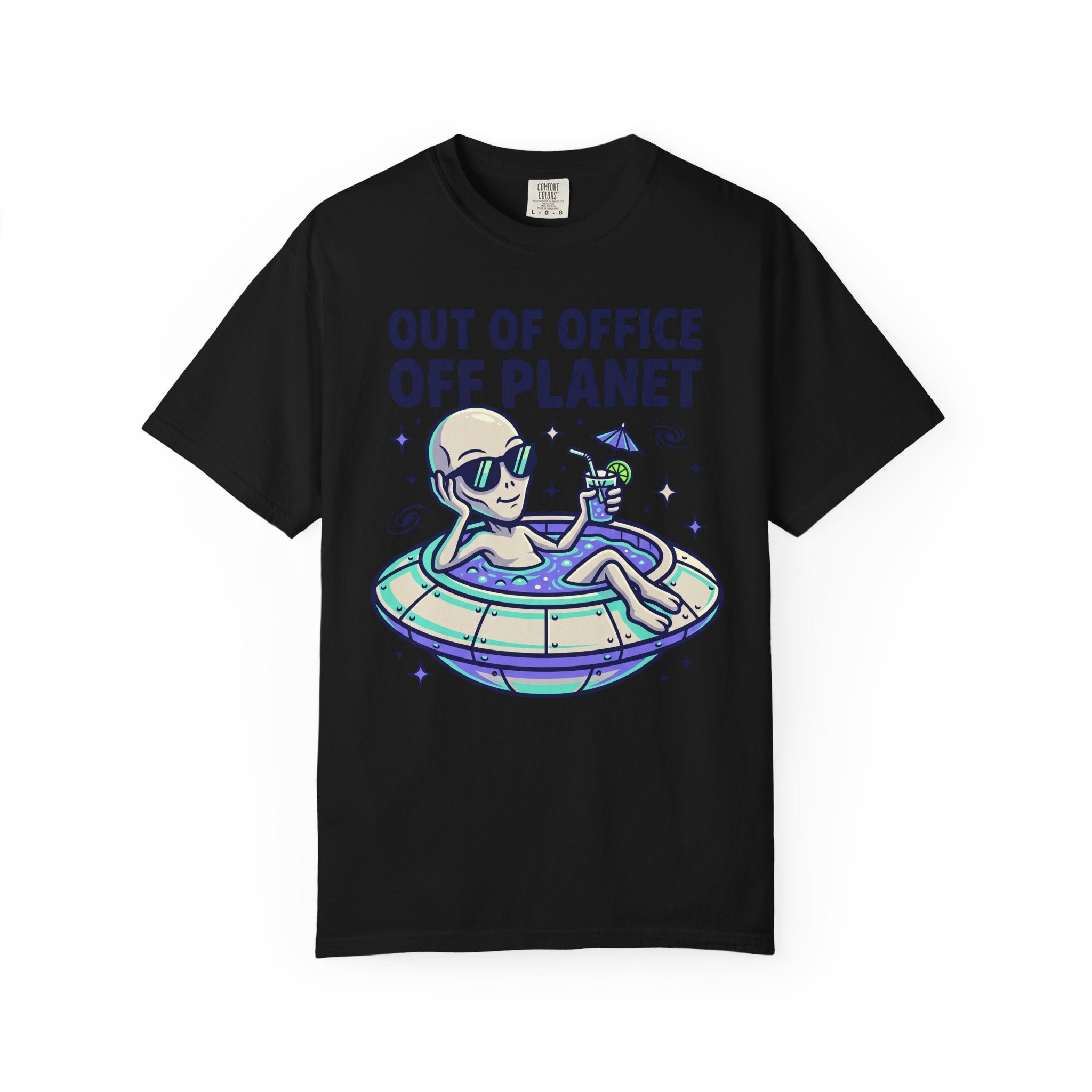 Black alien floatie T-shirt with “OUT OF OFFICE OFF PLANET” graphic on front