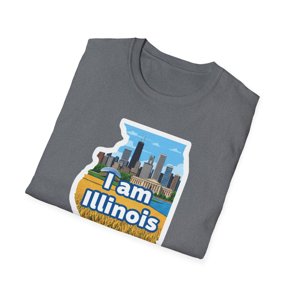 Heather grey T-shirt with I am Illinois map skyline and farmland graphic
