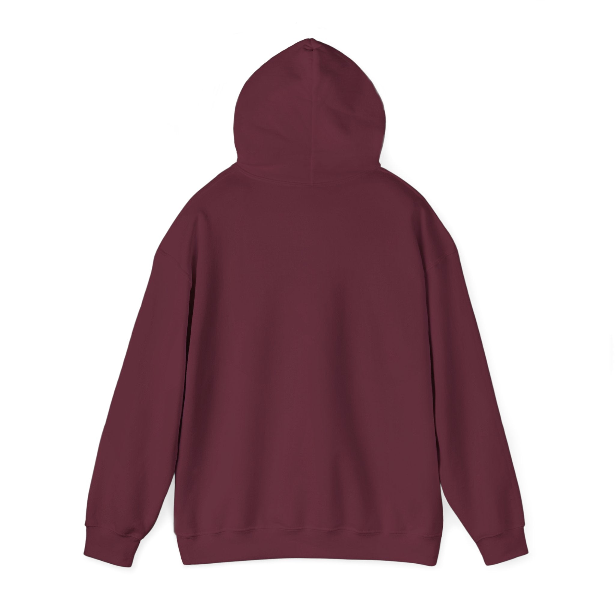 Dark maroon hoodie with hood and long sleeves, shown from the back.