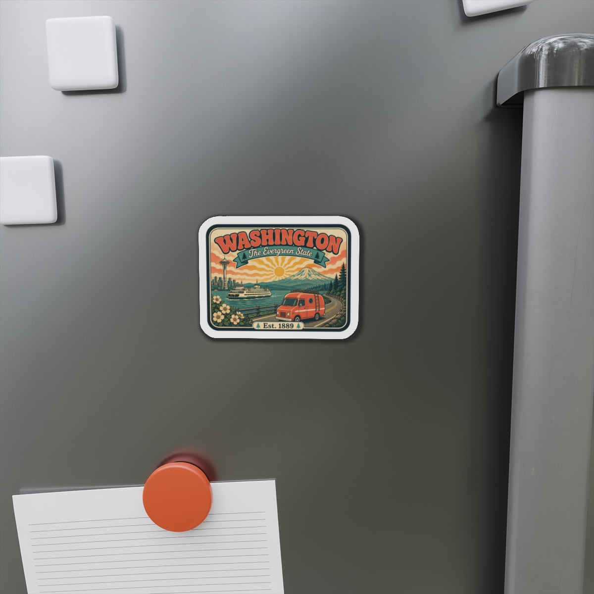 Die-cut Washington Evergreen State magnet on refrigerator door with retro van and mountain scene