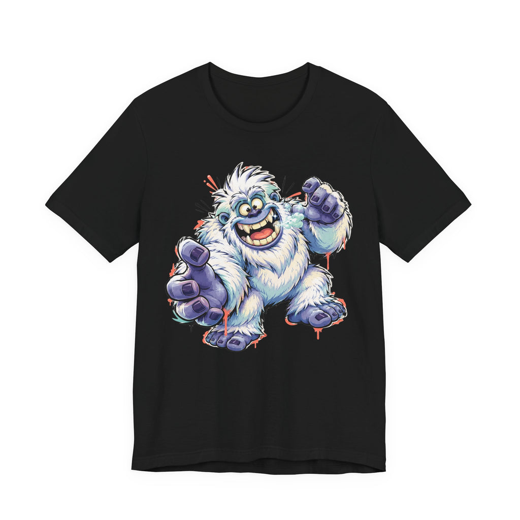 Black monster t-shirt with cartoon yeti creature graphic waving and grinning