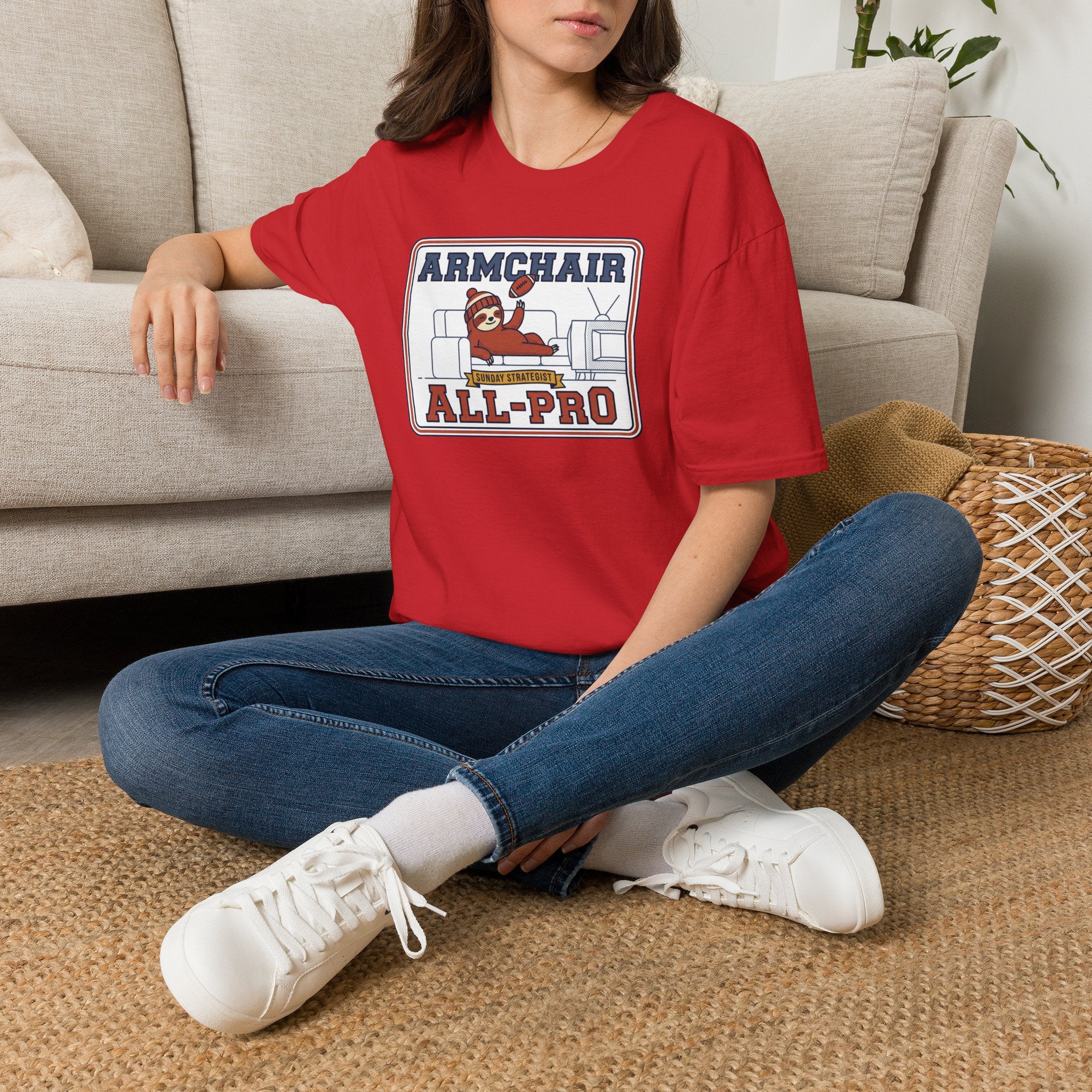 Red short-sleeve T-shirt with Armchair All-Pro graphic front.