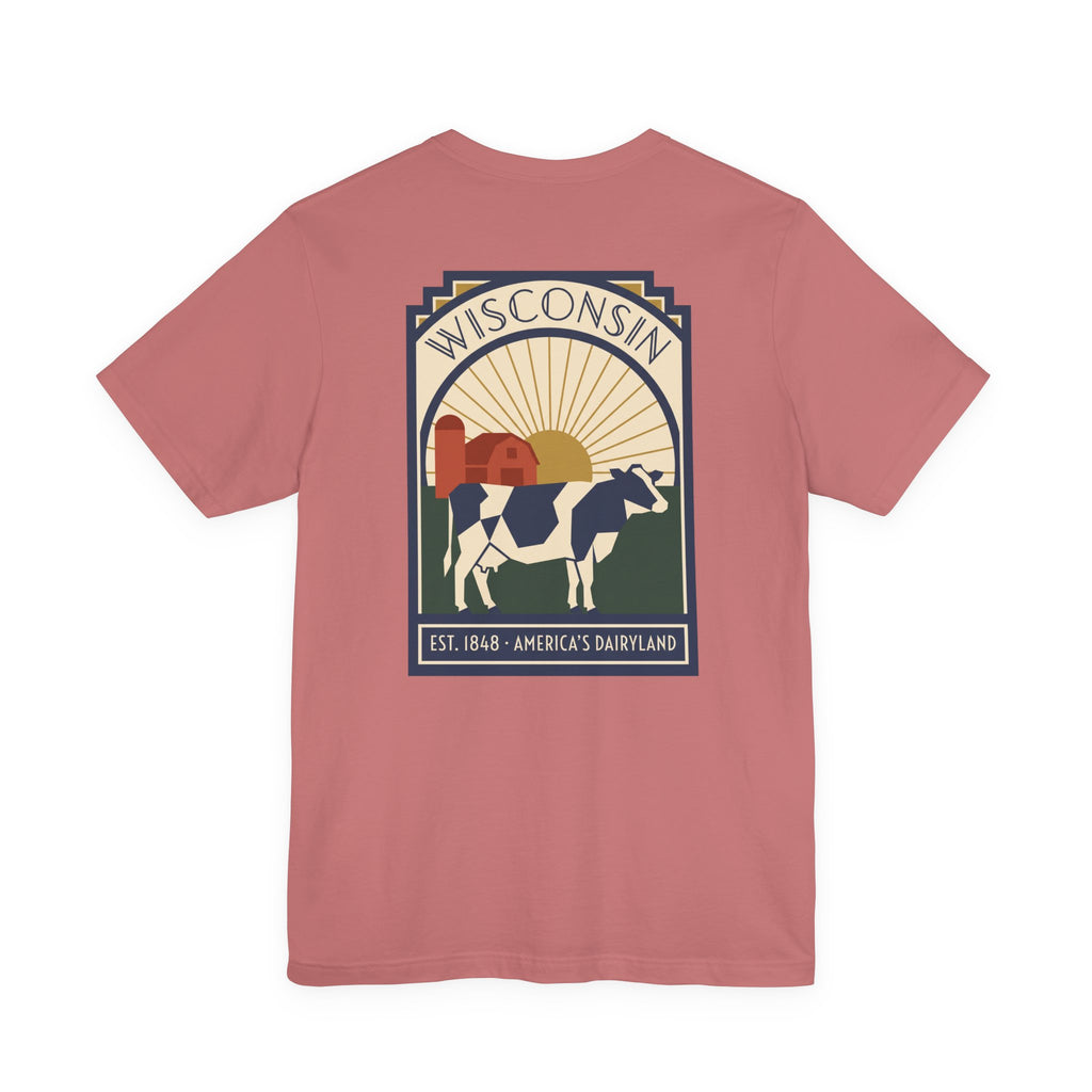 Dusty rose t-shirt with square Wisconsin dairy cow graphic on the front