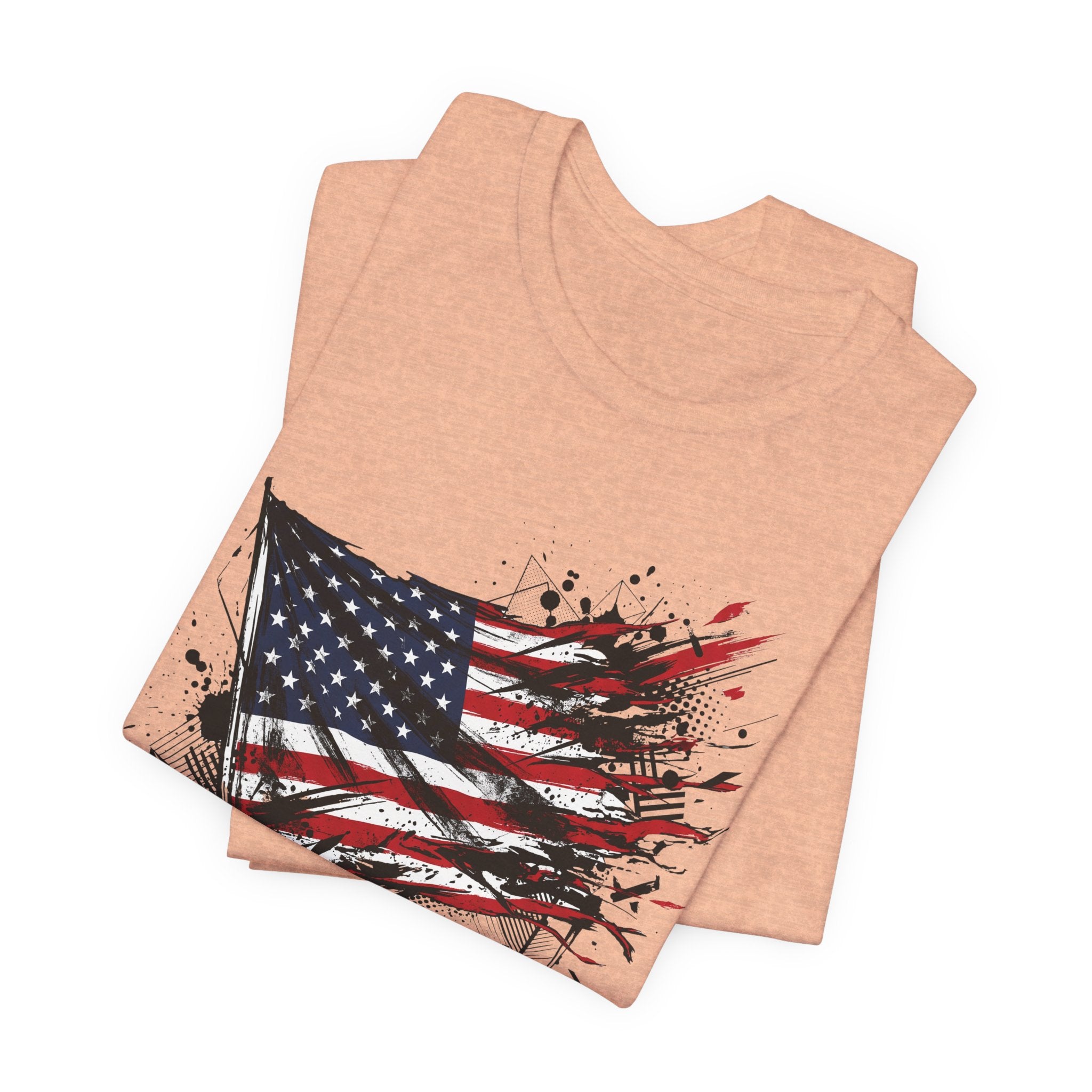 Distressed American flag t-shirt, peach, crew neck, front graphic (stacked)