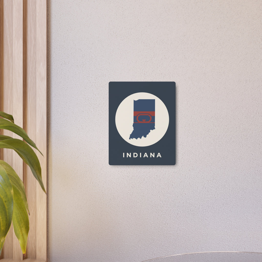 Indiana metal wall sign mounted on wall, dark blue square with white oval and hoop-style map emblem