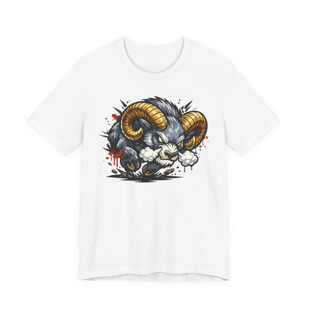 White crew-neck T-shirt with angry ram graphic in gold, black, and white