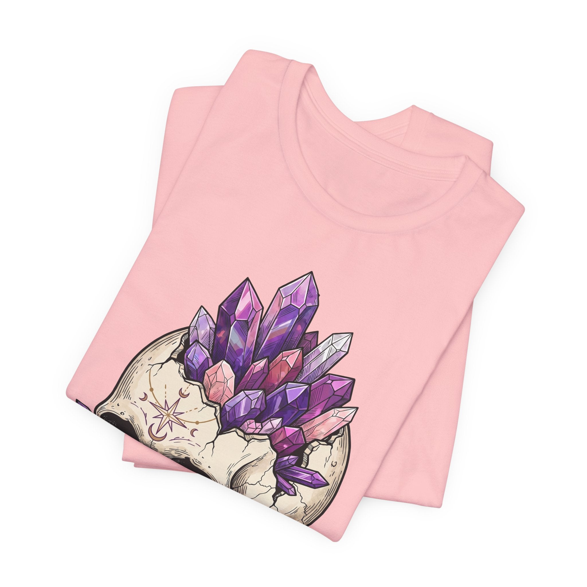 Amethyst crystal skull graphic T-shirt, pale pink (folded)