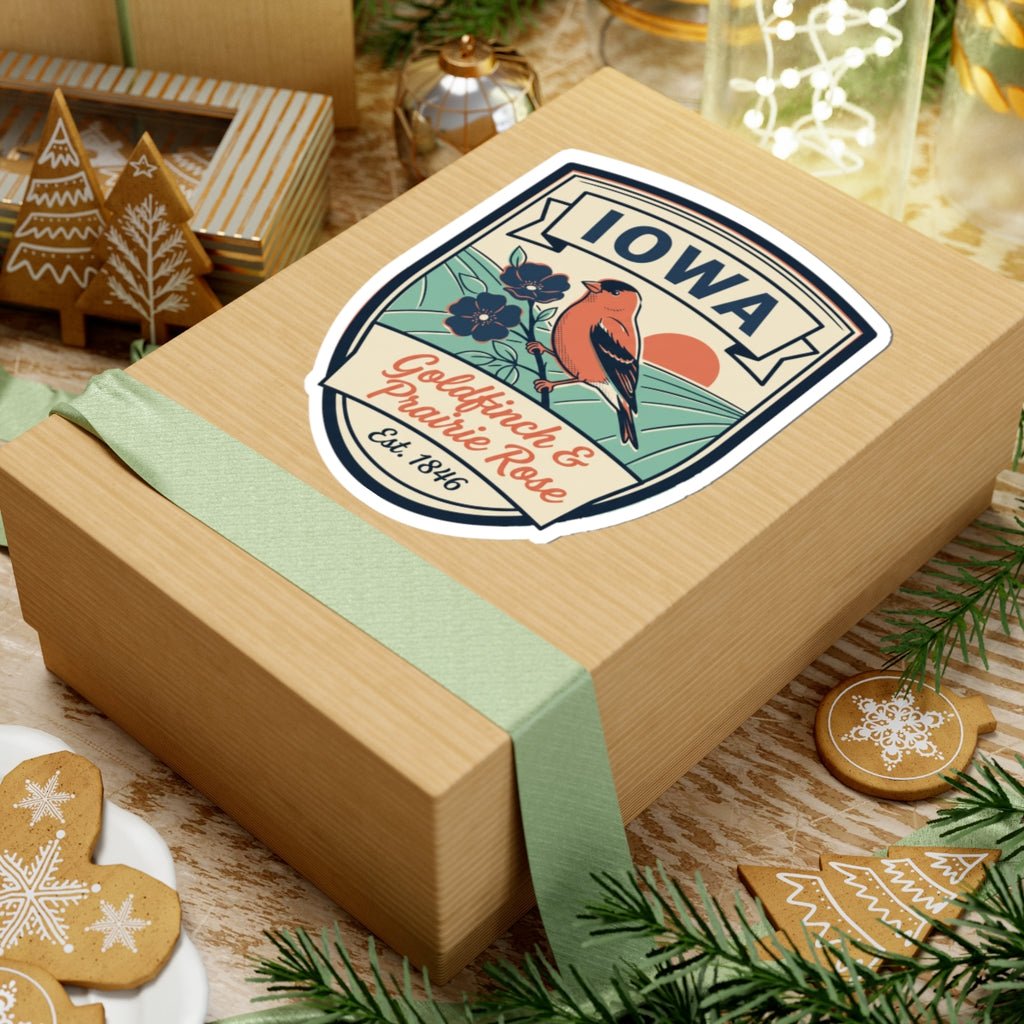 Iowa goldfinch & prairie rose sticker on wrapped kraft gift box