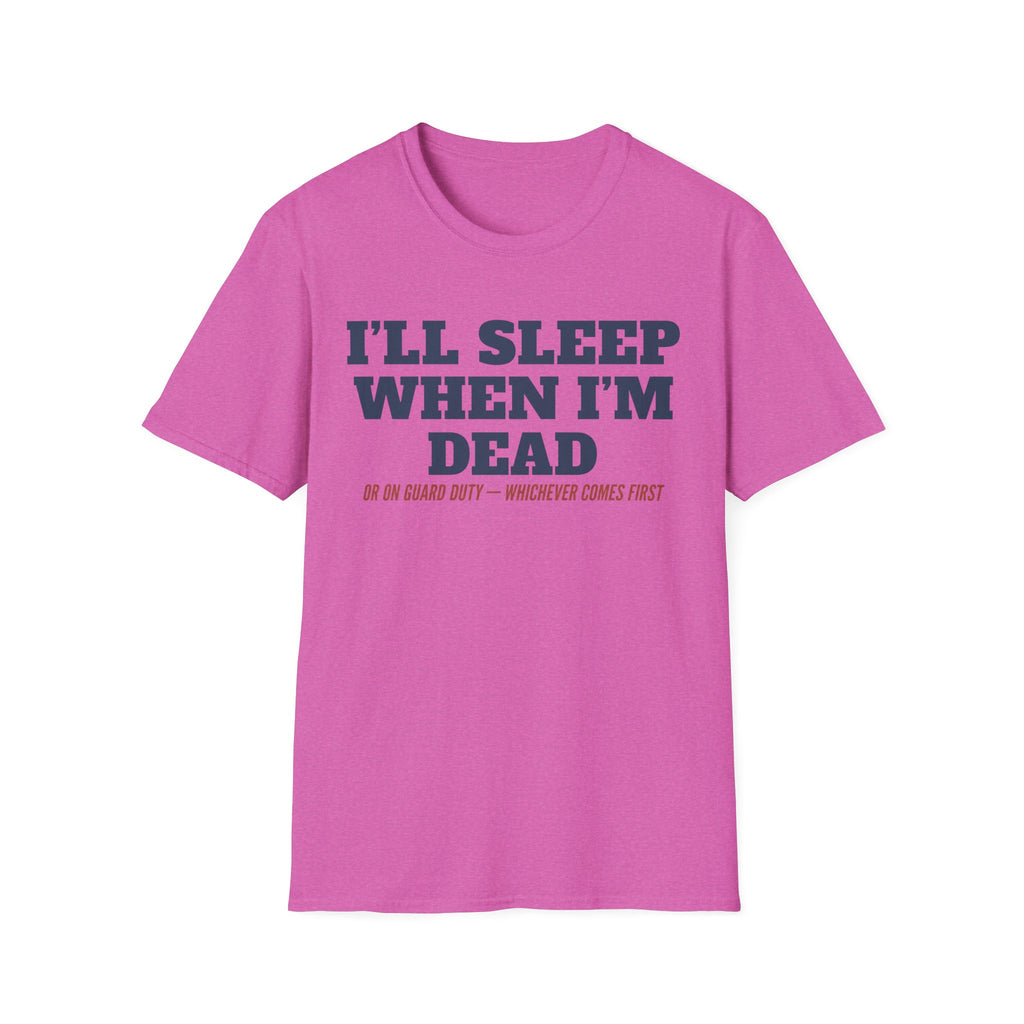 Purple crewneck T-shirt with bold text graphic: “I’LL SLEEP WHEN I’M DEAD”.