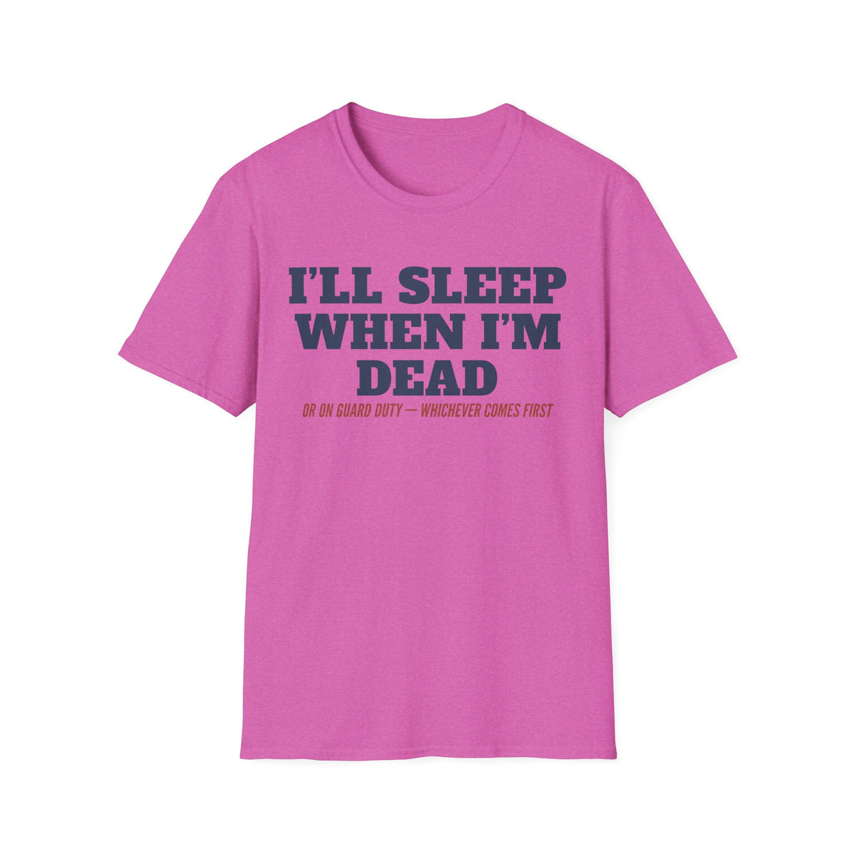 Purple crewneck T-shirt with bold text graphic: “I’LL SLEEP WHEN I’M DEAD”.