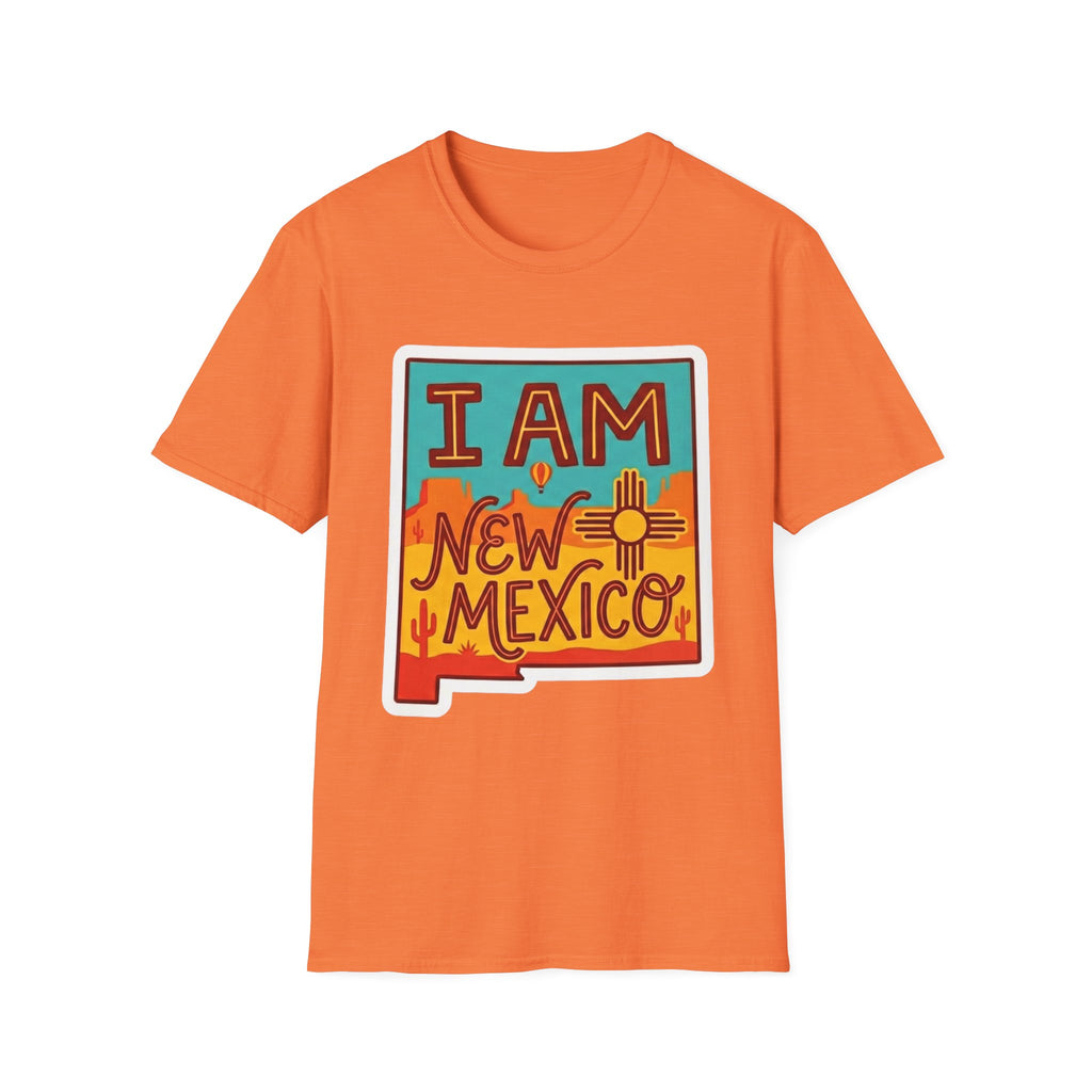 Orange T-shirt with “I AM New Mexico” state pride graphic on the chest