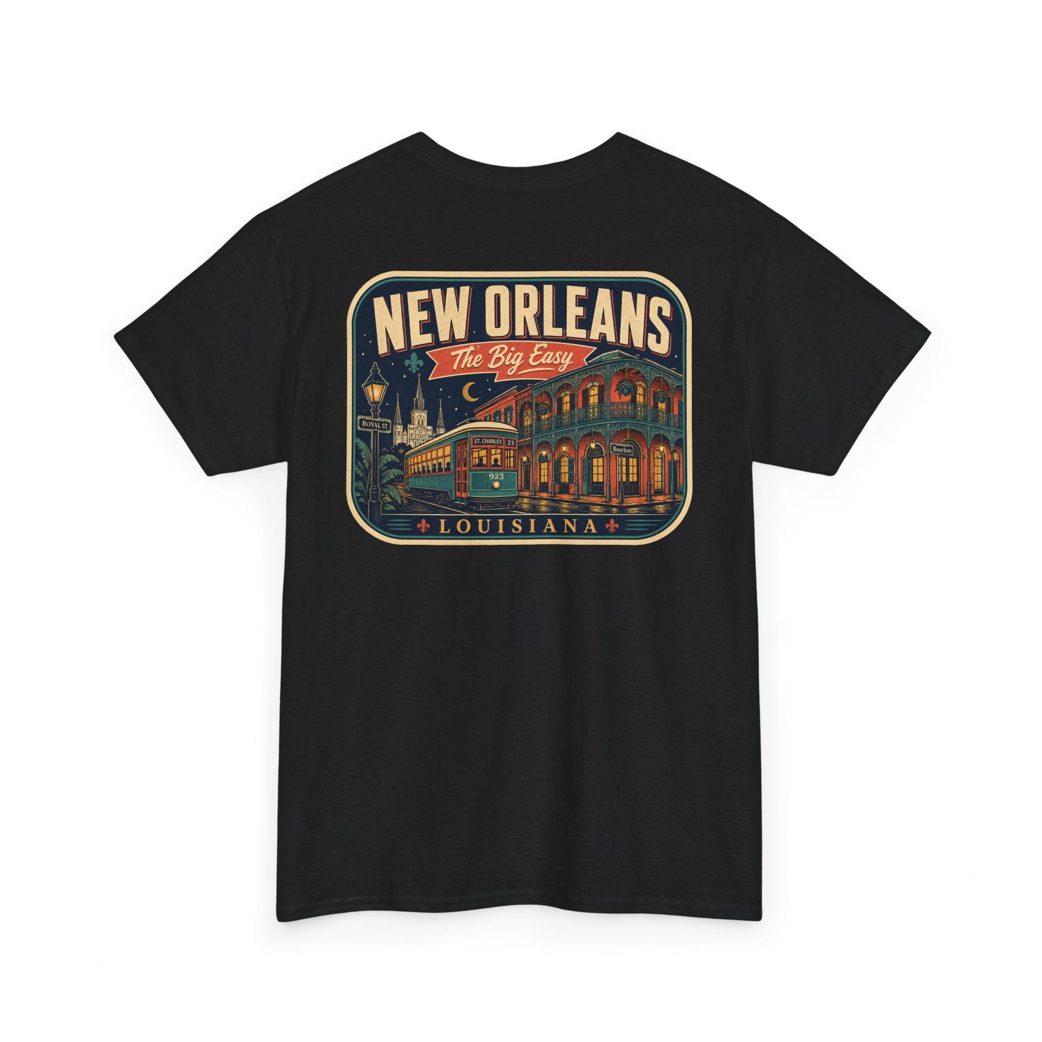 Black T-shirt with New Orleans crest graphic, crew neck short sleeves