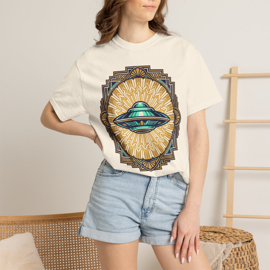 Cream t-shirt with retro flying saucer sunburst graphic on front