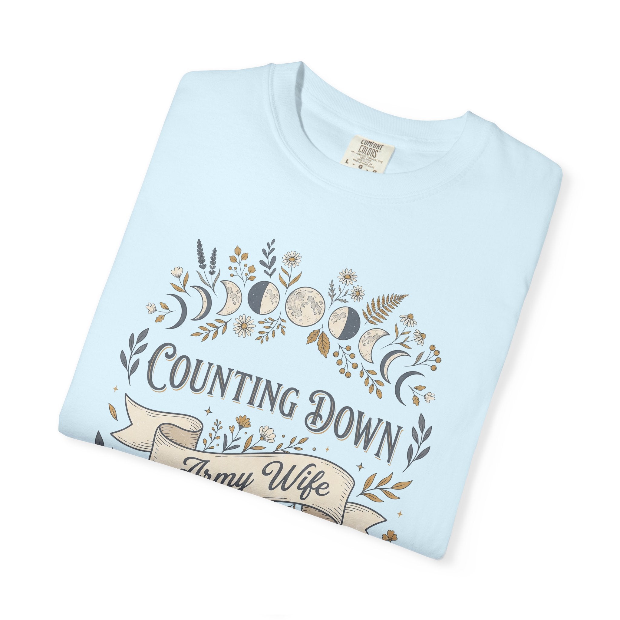 Light blue crewneck t-shirt with floral countdown graphic on the front