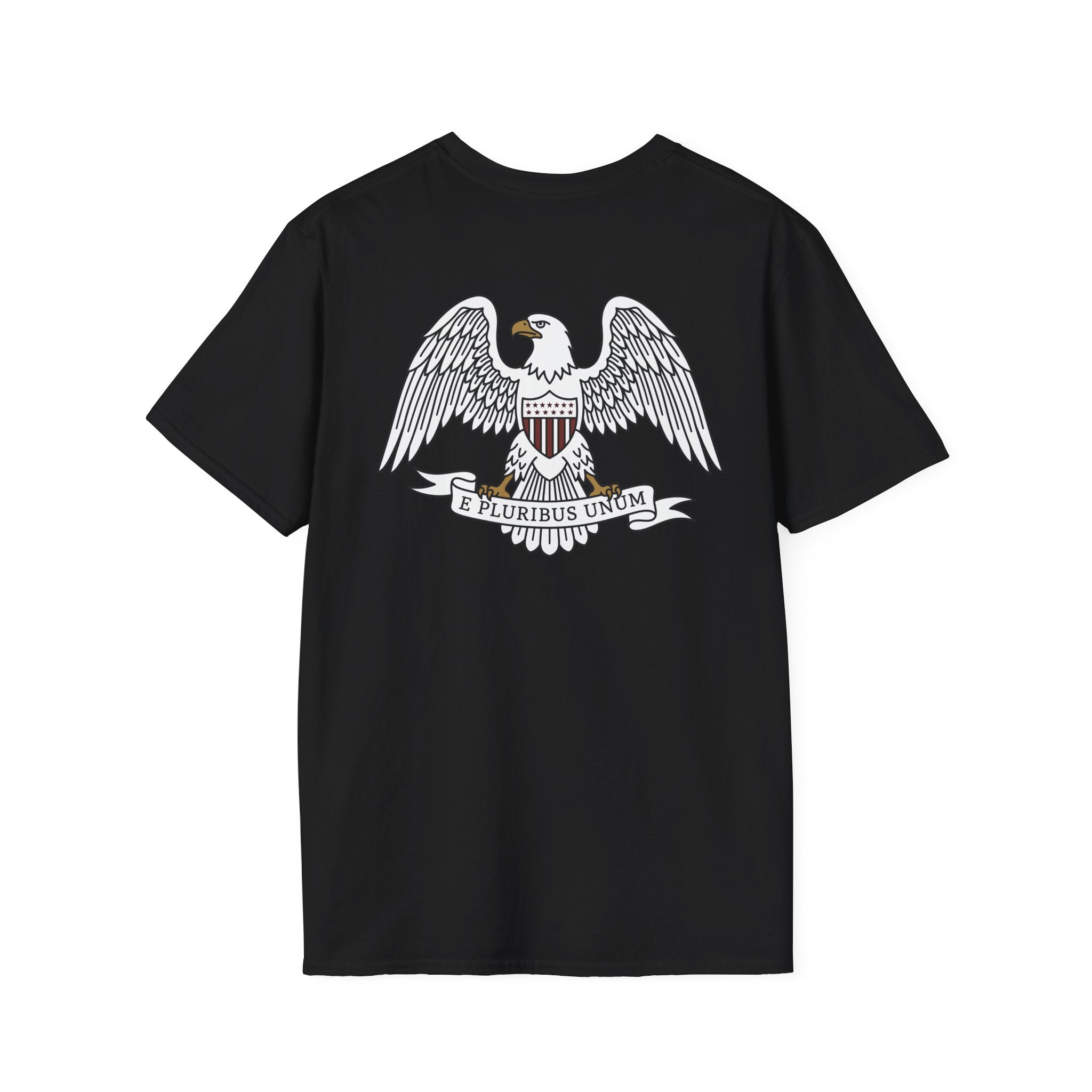Black t-shirt with front bald eagle crest graphic and “E PLURIBUS UNUM” banner
