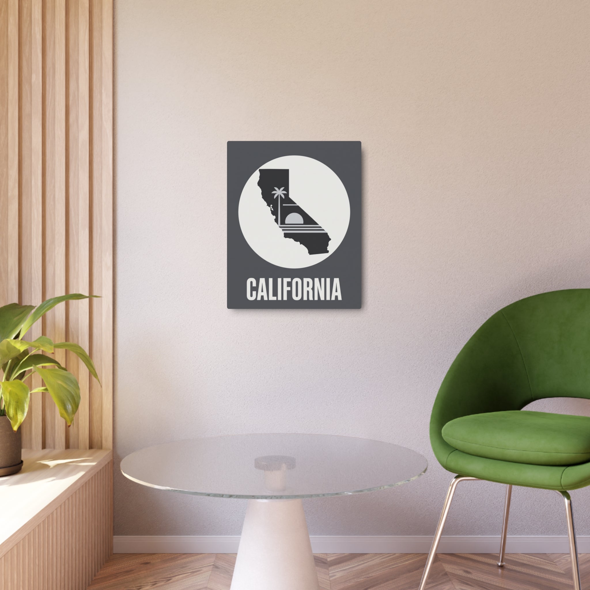 California metal wall sign with circular silhouette, palm tree icon and 'CALIFORNIA' text