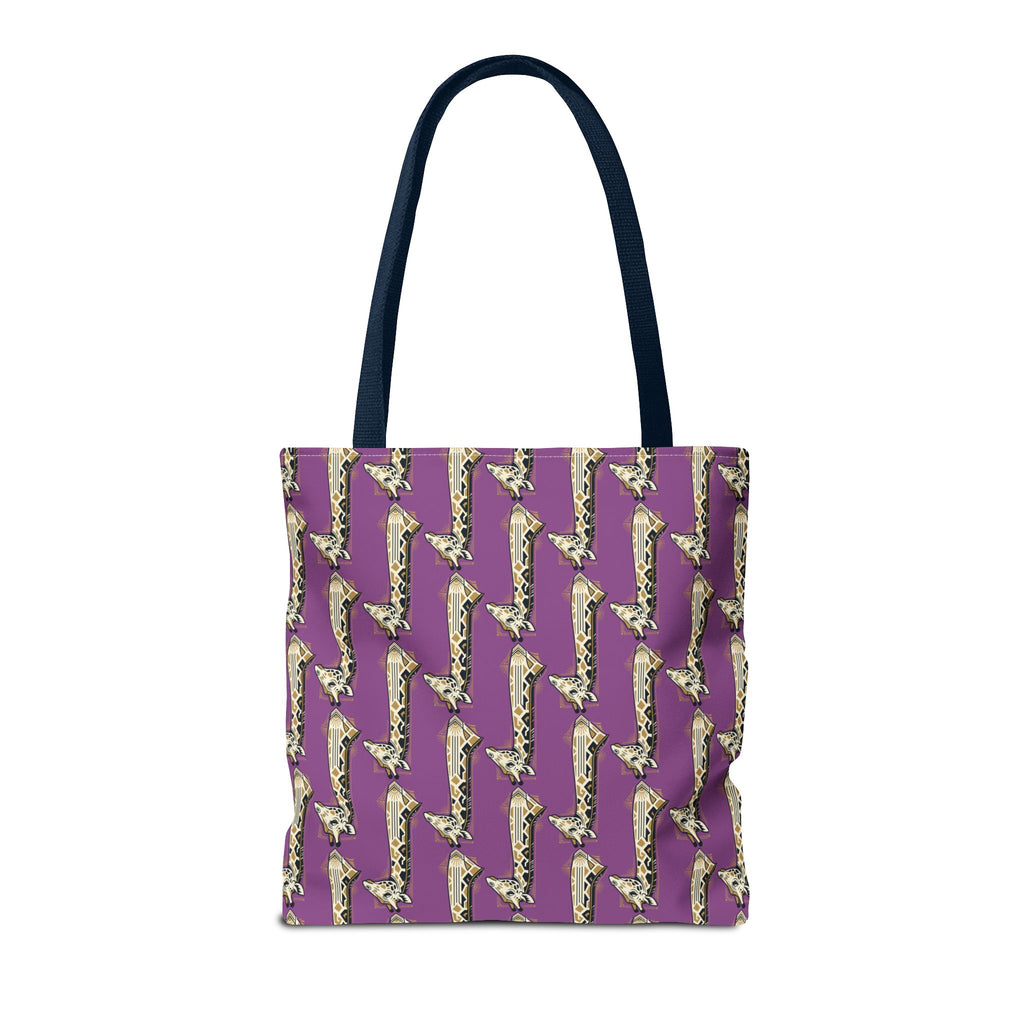 Purple tote bag with repeating saxophone pattern and navy handles, square front view.