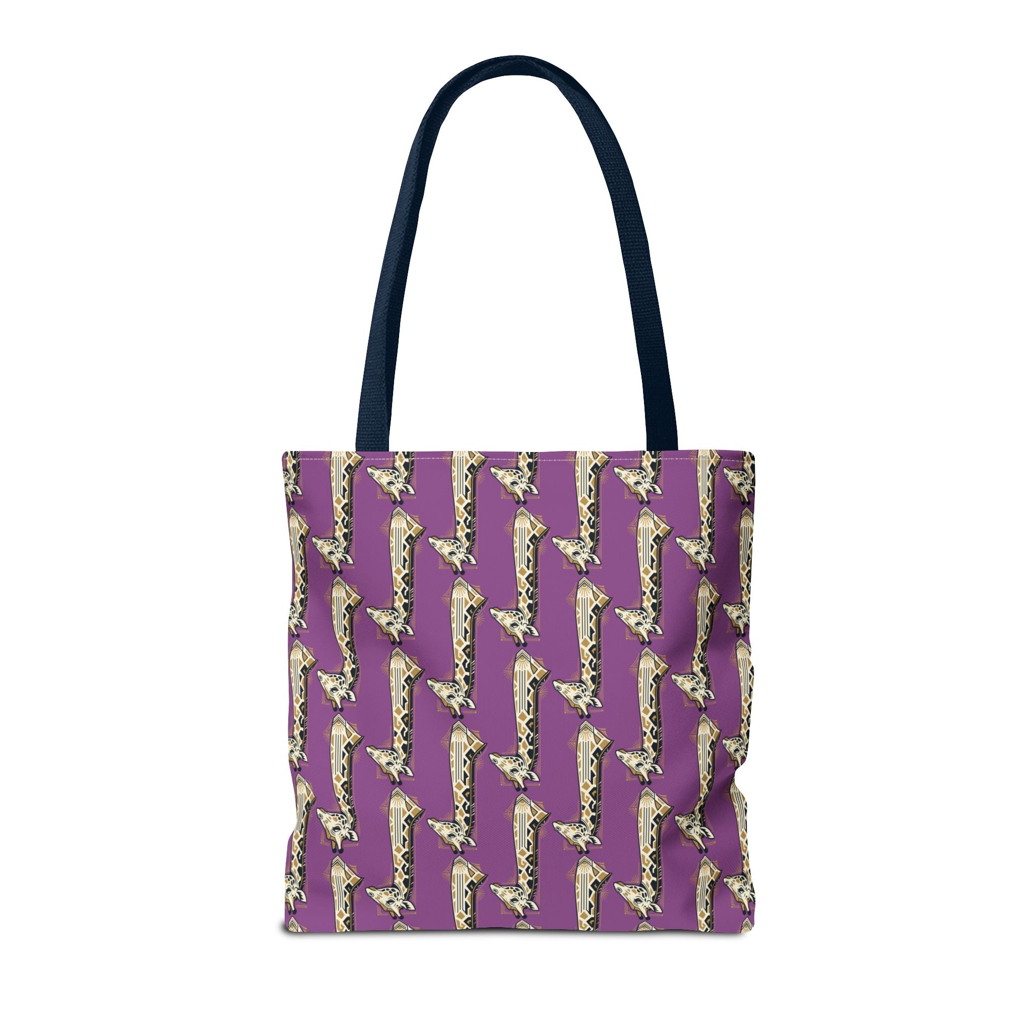 Purple tote bag with repeating saxophone pattern and navy handles, square front view.
