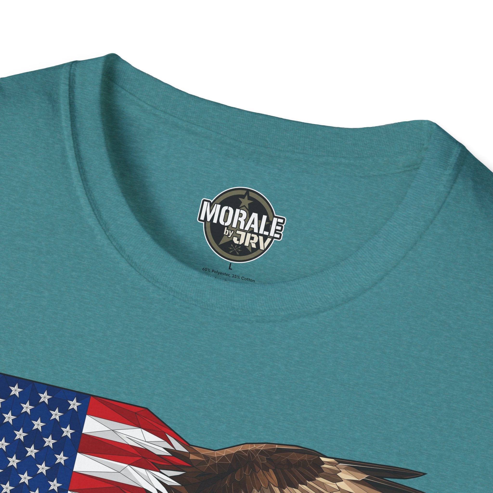 Crew neck and collar label on heather teal T-shirt with crest logo