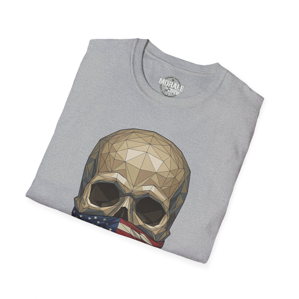 Geometric skull with American flag bandana graphic on sport grey T-shirt