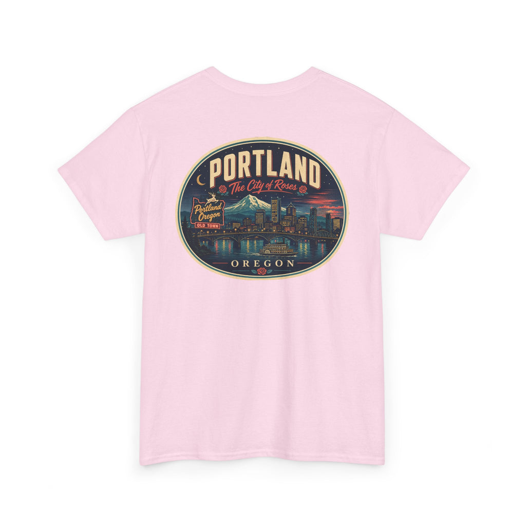 Light pink T-shirt with Portland Oregon round skyline badge graphic