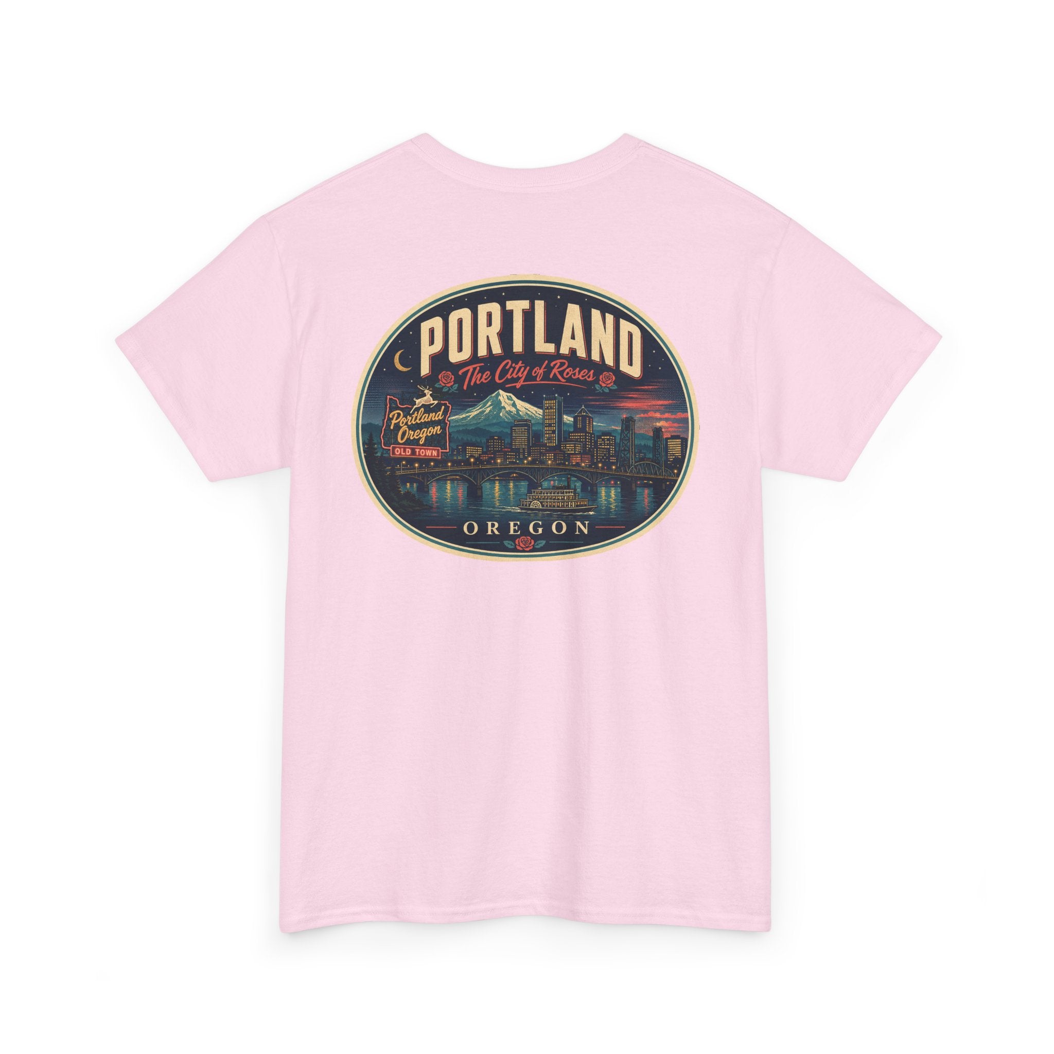 Light pink T-shirt with Portland Oregon round skyline badge graphic