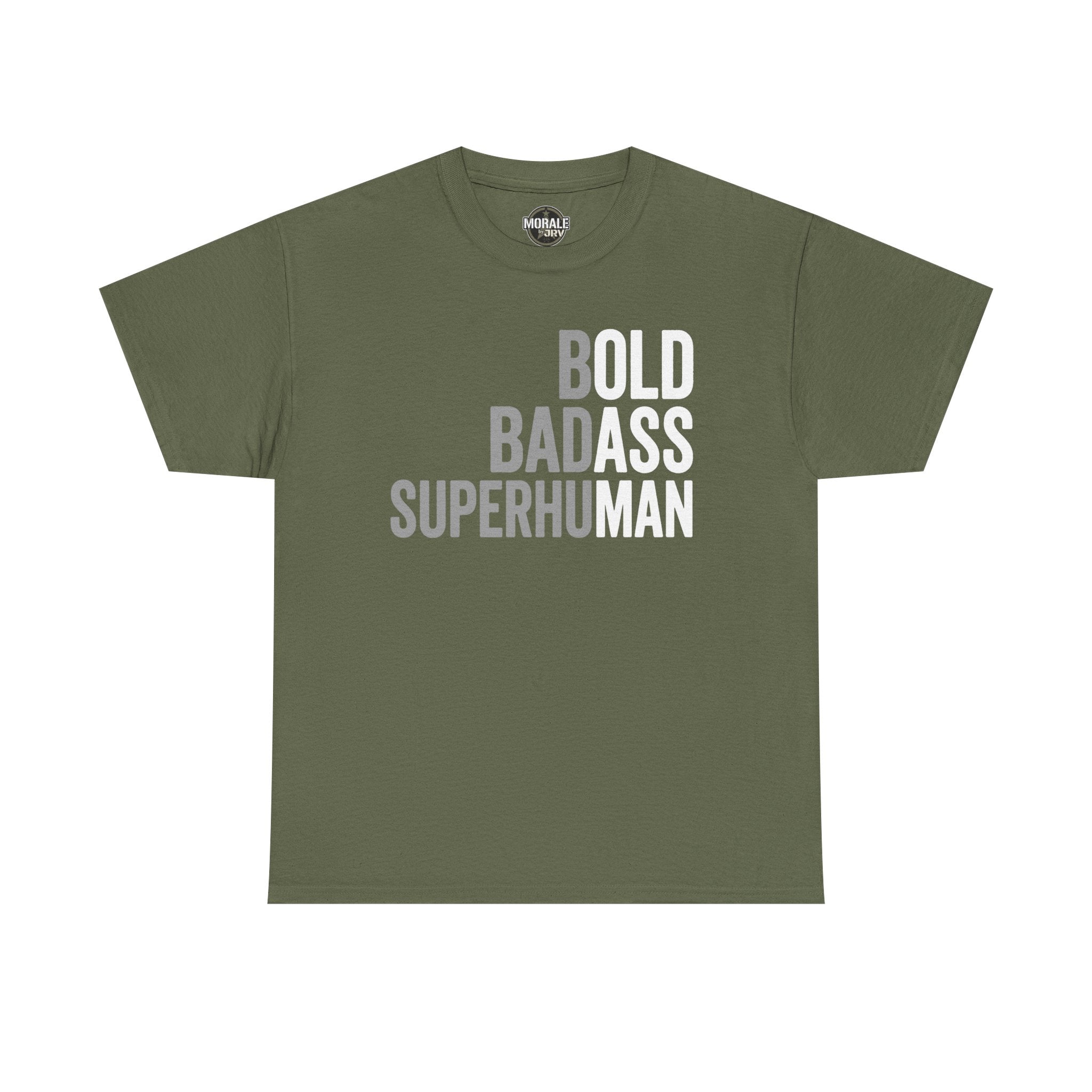 Men's olive green graphic t-shirt with Bold Badass Superhuman slogan print
