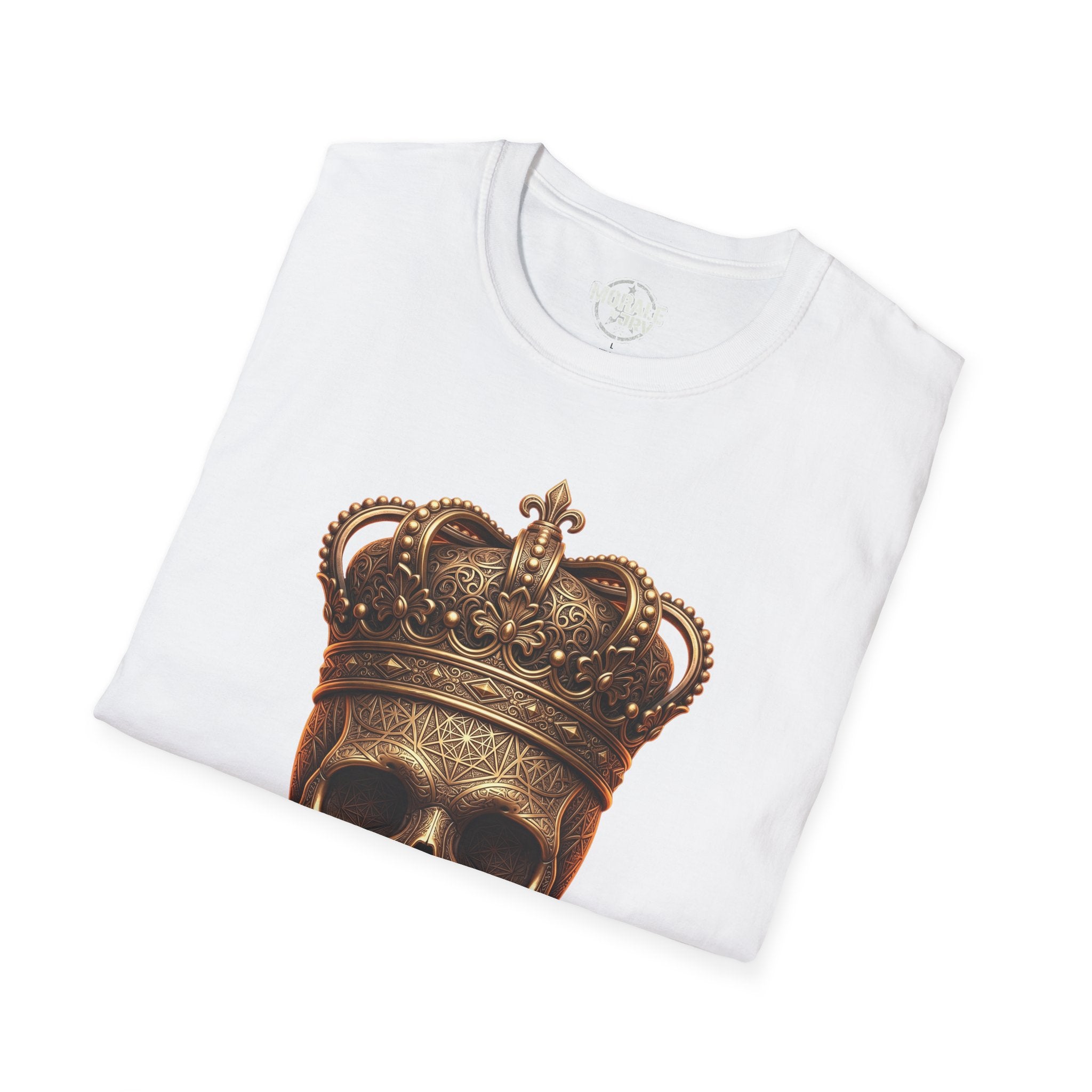 White t-shirt close-up: gold crowned skull top graphic on chest
