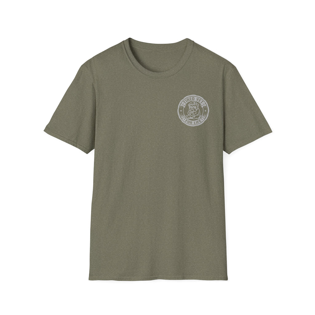 Olive green unisex t-shirt with small round retired veteran chest emblem