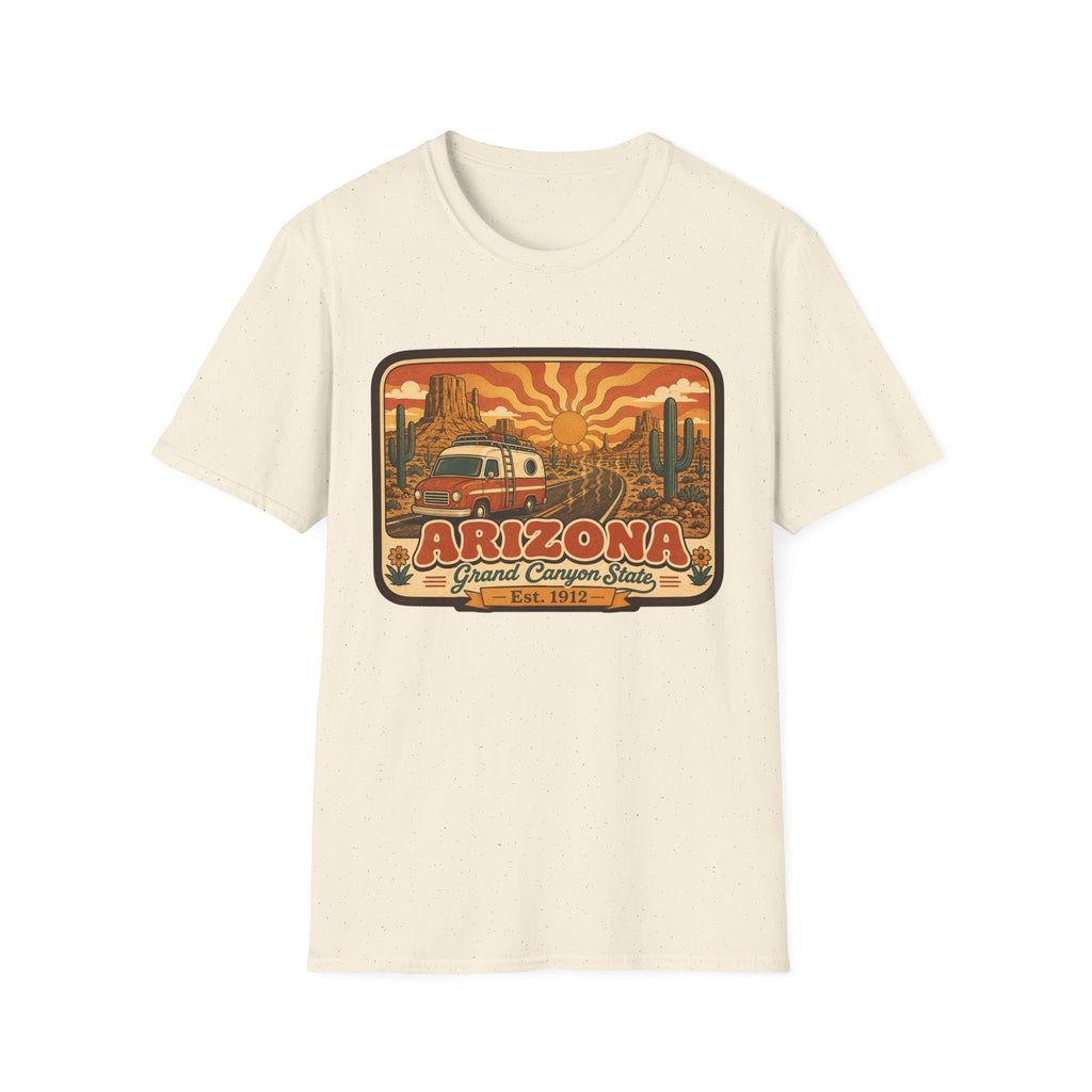 Men’s unisex cream T-shirt with Arizona graphic print featuring a camper and desert scene