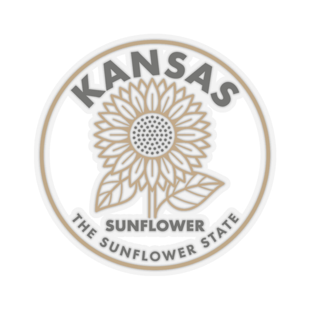 Close-up circular Kansas sunflower state vinyl decal, sunflower icon and “Kansas”