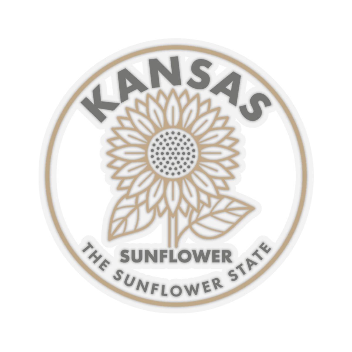 Close-up circular Kansas sunflower state vinyl decal, sunflower icon and “Kansas”
