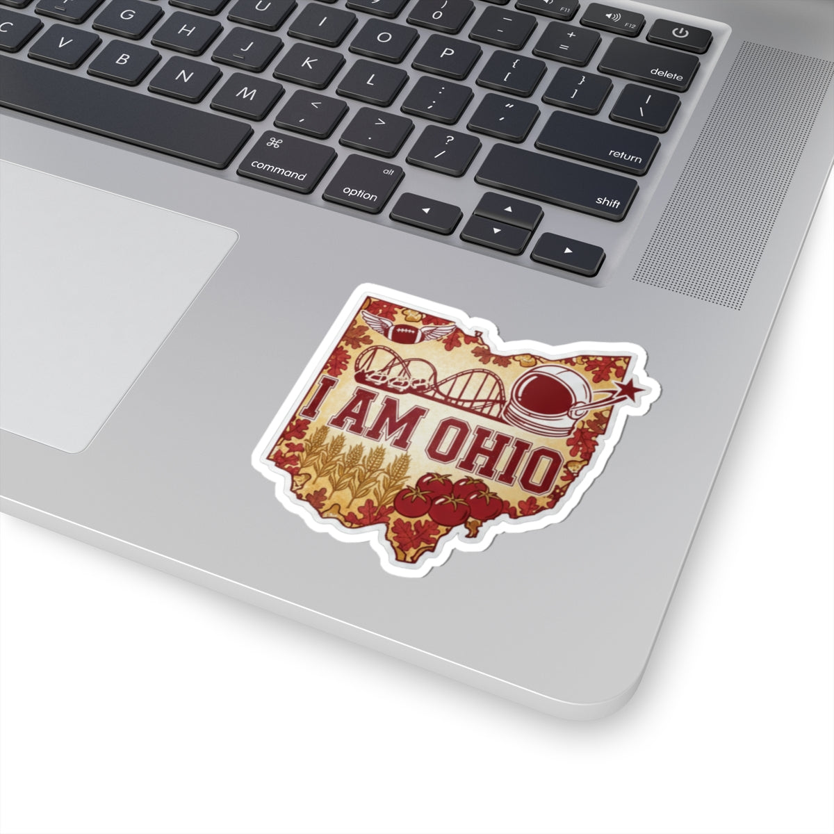 I AM OHIO Sticker im Ohio-Umriss mit Astronautenhelm, roten Beeren und Stern