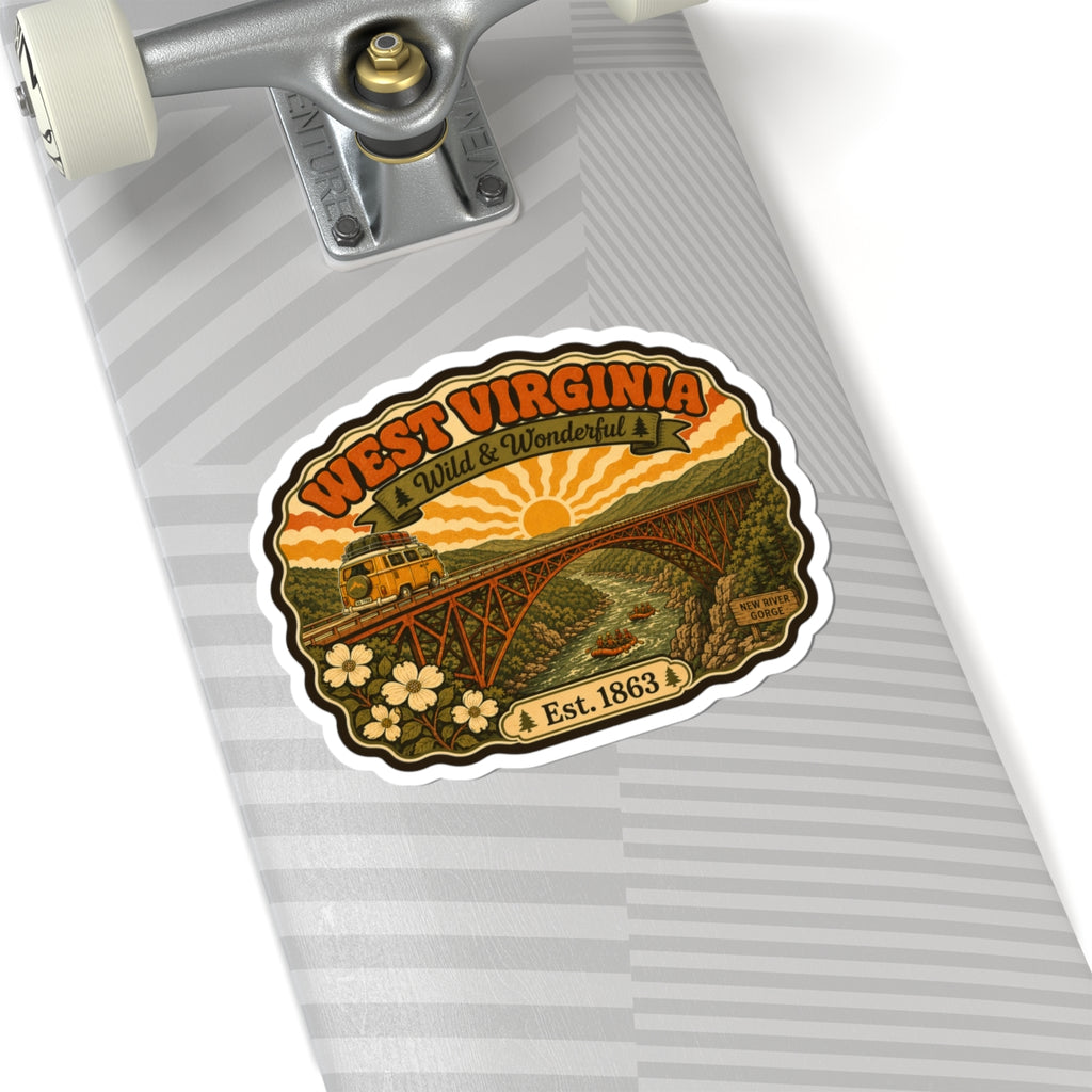 West Virginia kiss-cut sticker on striped gift wrapping, with bridge scenery and Est. 1863.