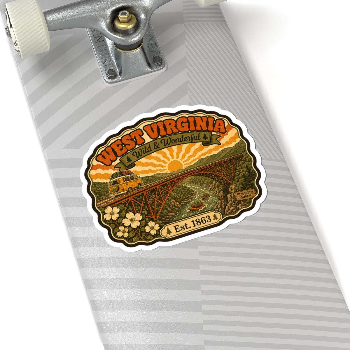 West Virginia kiss-cut sticker on striped gift wrapping, with bridge scenery and Est. 1863.