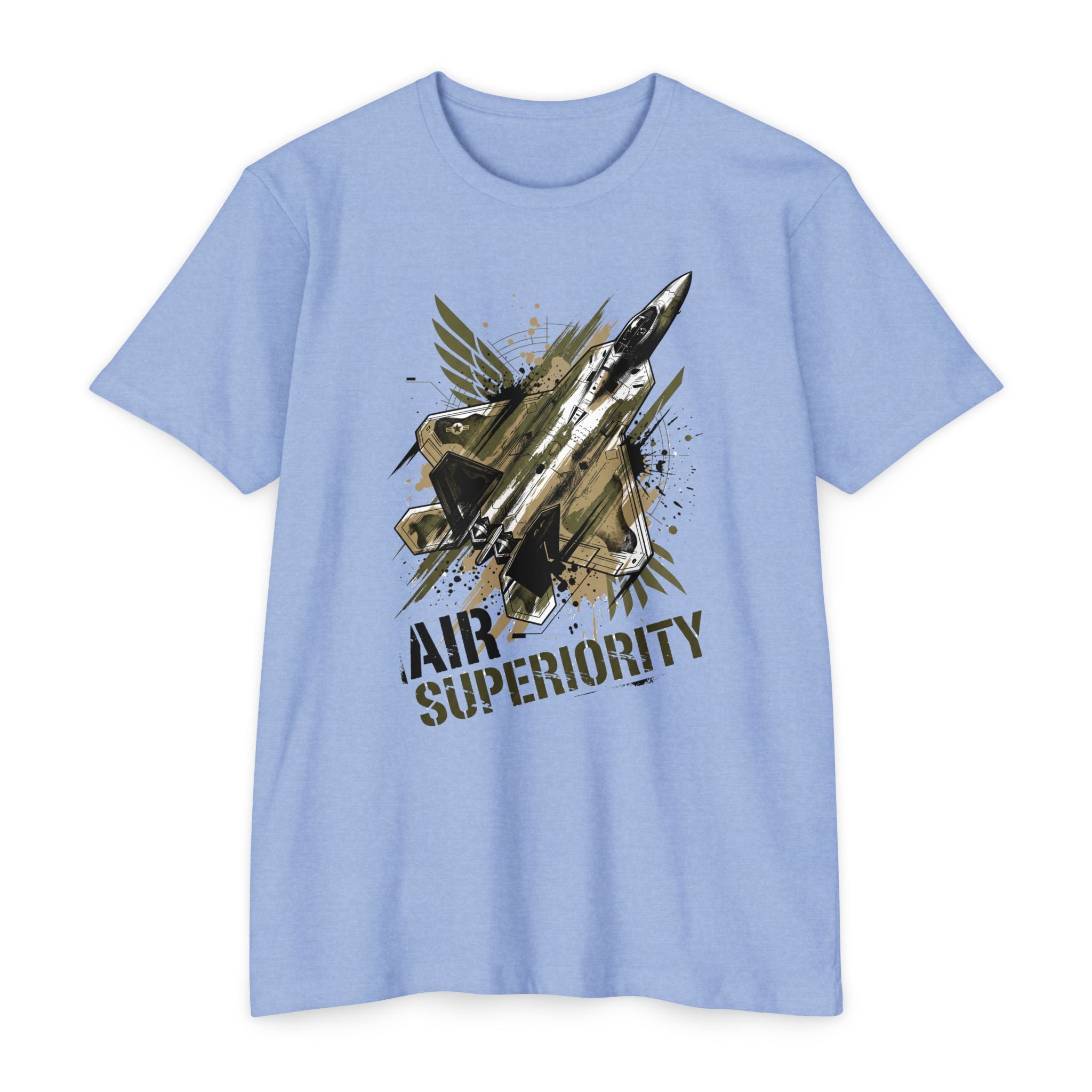 Light blue crewneck T-shirt with jet 'AIR SUPERIORITY' graphic.