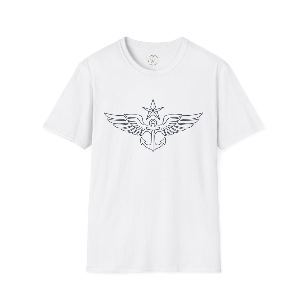 White t-shirt with winged anchor emblem print on chest