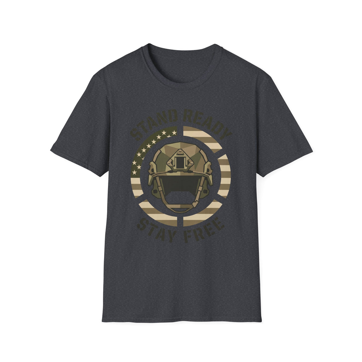 Charcoal gray crew-neck military helmet graphic t-shirt with circular “Stand Ready Stay Free” print