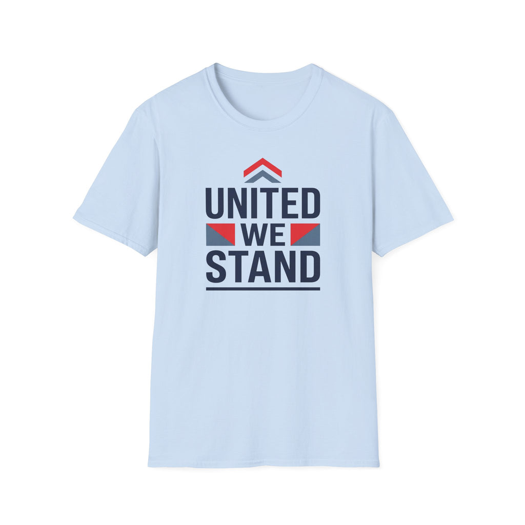 Light blue T-shirt with “UNITED WE STAND” graphic on the chest.